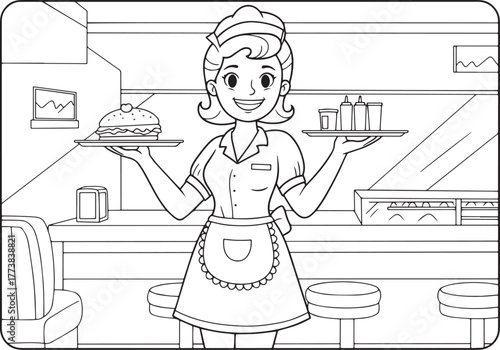Charming 1950s Diner Waitress Illustration for Coloring Books an