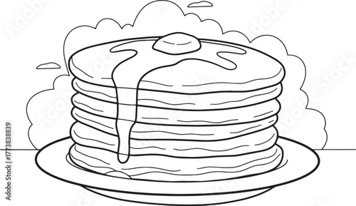 Monochrome Stack of Pancakes with Syrup Drizzled on a Plate Illu