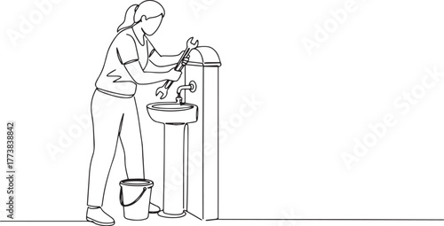 Continuous line drawing of a woman repairing a sink with wrenche