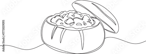 Continuous line drawing of bread bowl filled with creamy stew il