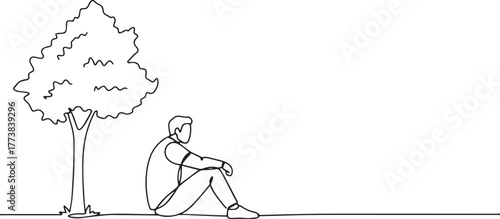 Minimalist single line art of a man seated under a tree contempl