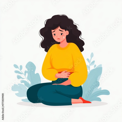 A woman suffering from abdominal pain is sitting on the ground with a worried expression. She appears to be clutching her stomach, possibly indicating discomfort