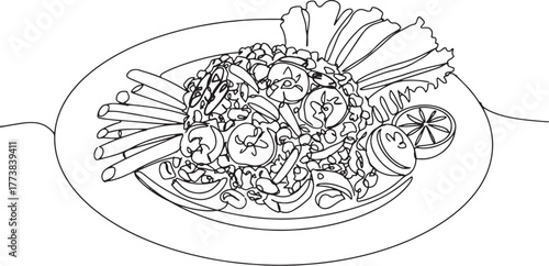 Minimalist line art illustration of Thai Larb salad plate with f