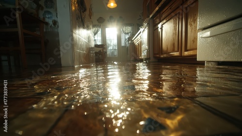 Water floods a kitchen floor with tile, creating a glistening surface. Show home damage, flooding, insurance claims, or water waste.