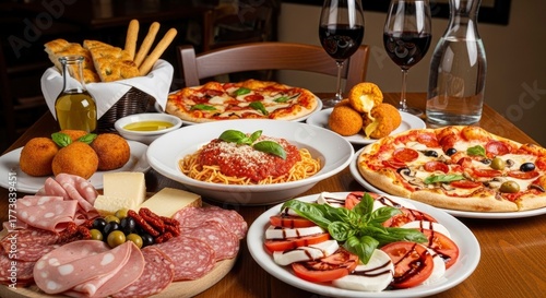 Italian Feast - A Delicious Spread of Pizza, Pasta, and Antipasto.