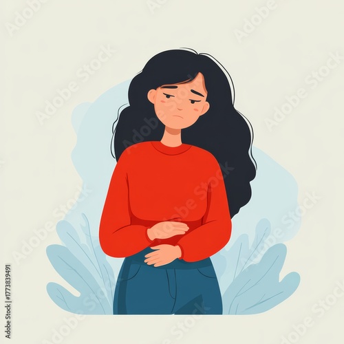A woman experiencing stomach pain, depicting discomfort and healthcare themes. She holds her stomach, with a worried expression.