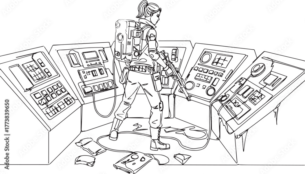 Obraz premium Line art illustration of a female soldier navigating a complex c