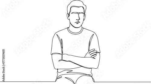 Minimalist line art depicting a pensive man with crossed arms po