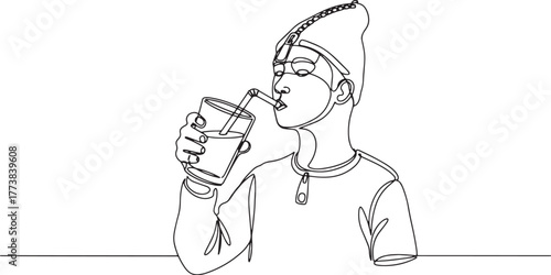 Minimalist line art depicting a person drinking beverage with a
