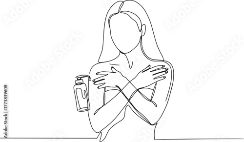 Continuous line drawing of a woman applying lotion for skincare