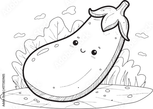 Charming Eggplant Character in Whimsical Landscape Coloring Page