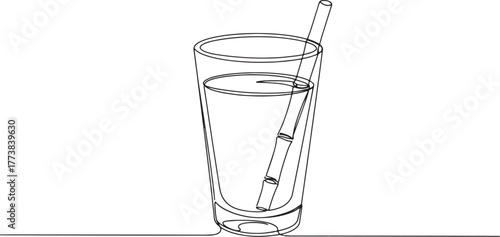Minimalist line art: Fresh sugarcane juice in glass with a bambo