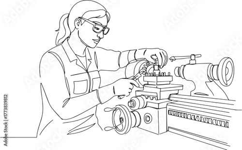 Continuous line drawing of a woman repairing machinery equipment