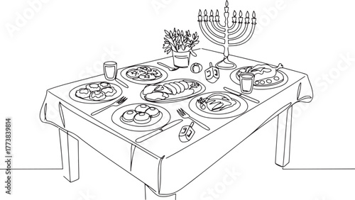 Minimalist hanukkah dinner table line art with menorah and tradi