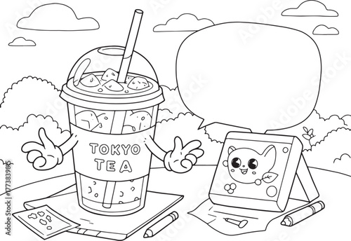 Whimsical coloring page featuring a tokyo tea drink character an