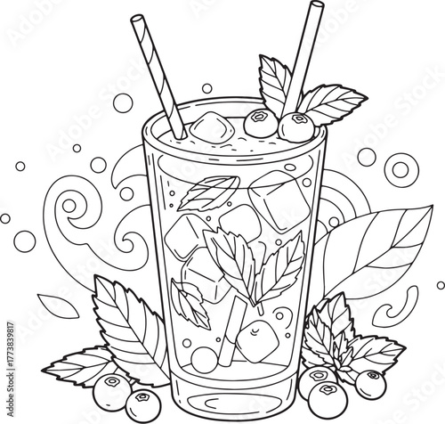Line art illustration of a refreshing blueberry mojito with mint