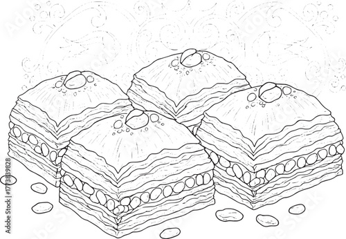Elegant black and white baklava illustration with decorative tur