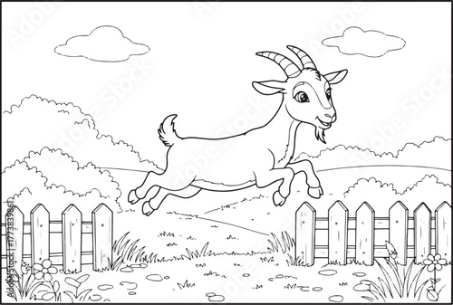 Whimsical goat leaping over fence in charming black and white li