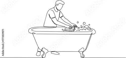 Elegant continuous line art of a man cleaning a vintage clawfoot