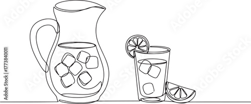 Continuous Line Illustration of Agua Fresca Pitcher and Glass wi