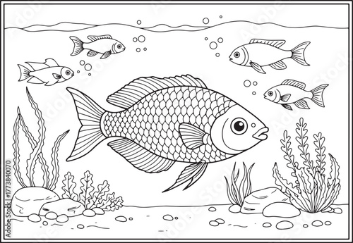 Black and white illustration of fish swimming underwater with aq