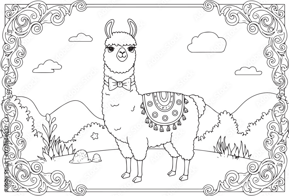 Obraz premium Adorable Alpaca Coloring Page with Ornamental Frame and Landscap