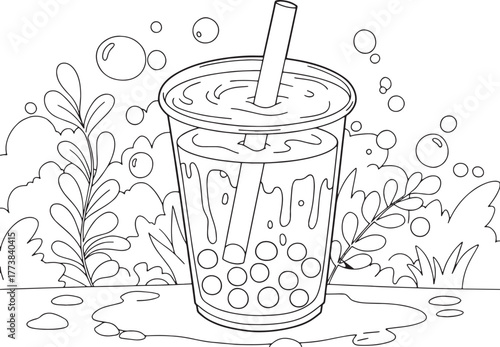 Artistic rendition of a brown sugar boba drink with bubbles and