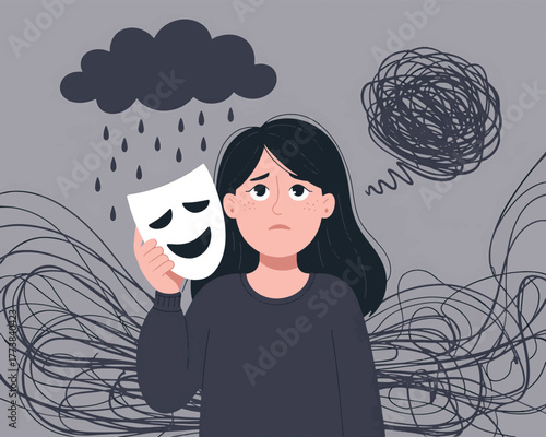 Woman Holding Happy Mask Feeling Sad with Anxiety and Depression