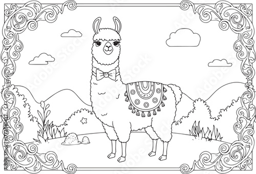 Adorable Alpaca Coloring Page with Ornamental Frame and Landscap