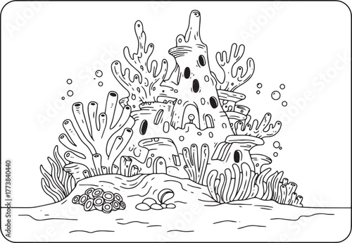 Whimsical undersea colony of coral and vegetation in playful out