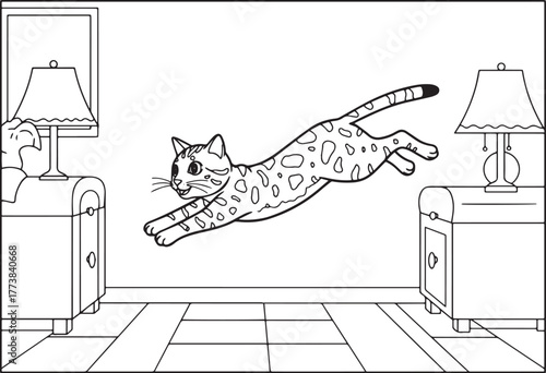 Energetic spotted cat in a fun jump indoor scene line art for ki
