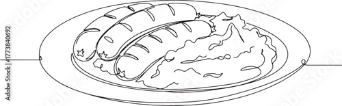 Minimalist continuous line drawing of bangers and mash, a classi