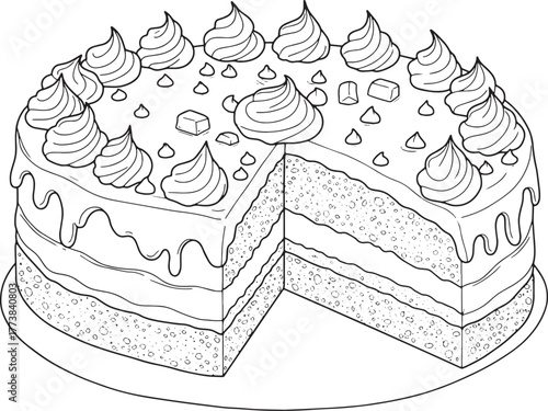 Delicious Chocolate Fudge Cake, Line Art Illustration for Colori