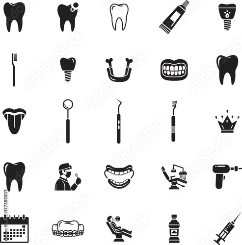 Dental Care Silhouette icon collection. Includes Silhouette symbols dentist, tooth, braces, implant, tools, hygiene and more. Isolated icons. Dental icon set. 