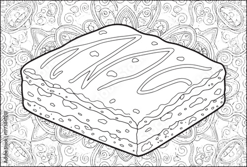 Intricate fudge brownie line art on a paisley-inspired backgroun