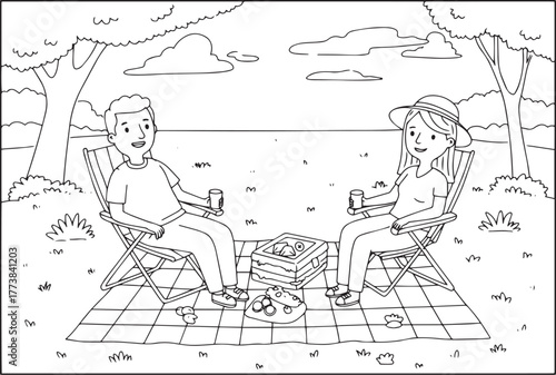 A couple enjoys a relaxing outdoor picnic in a coloring book sty