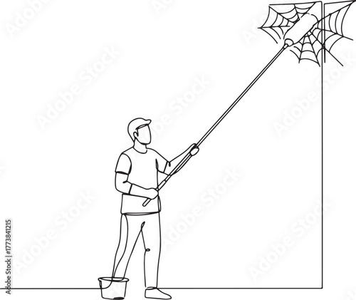 Line art illustration of a man removing cobwebs with a duster to