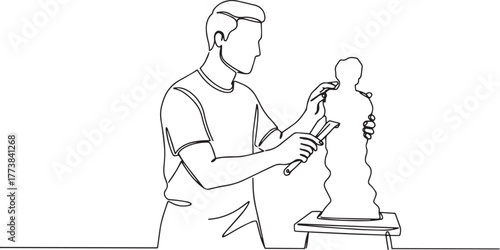 Continuous line drawing of artist sculpting clay creative expres