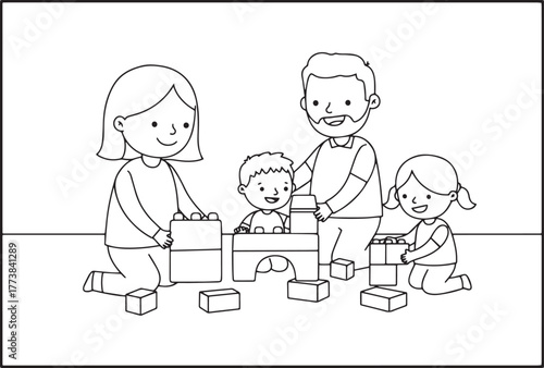 Charming line art illustration of a family joyfully building wit
