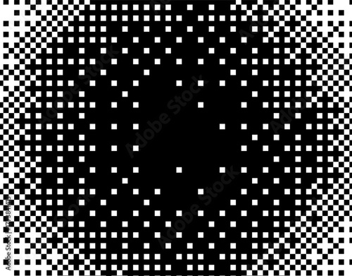 Vector illustration uses a black and white halftone effect with square shapes, creating a dynamic, abstract circle burst. The design is bold and modern, evoking early internet style.