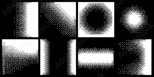Vector illustration features a minimalist Y2K pop art style in black and white, using bold geometric shapes and halftone dot patterns. The theme is abstract with a graphic, pixelated texture.