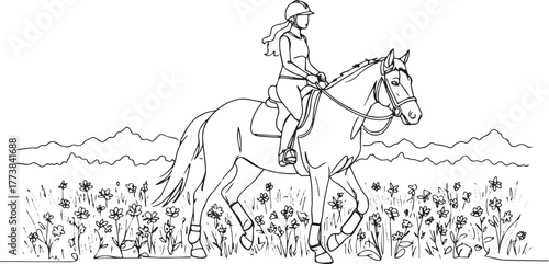 Serene equestrian outline illustration, depicting horseback ridi