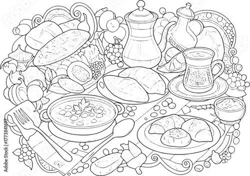 Intricate line art illustration showcasing a turkish breakfast s
