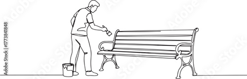 Continuous line art of a man repainting a park bench, emphasizin