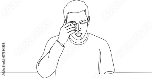 Minimalist line drawing depicting a man rubbing his eye, conveyi