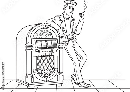 Charming greaser illustration leaning against jukebox with a smo