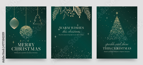 Elegant Christmas Flyer Template with Gold Sparkle Ornaments and Tree on Green Background