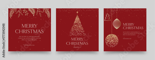 Elegant Christmas Social Media Post Template with Gold Botanical Illustrations on Red Background