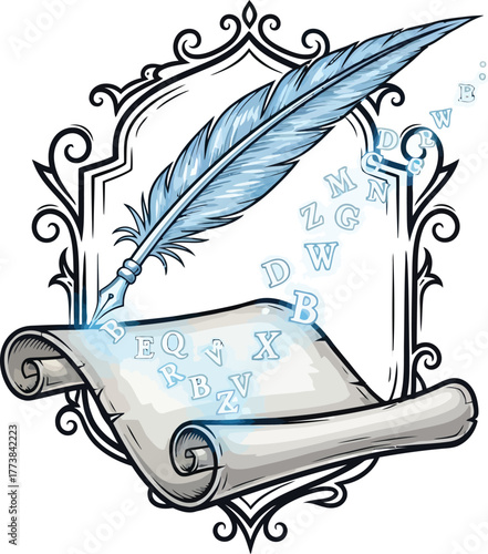 Black feather quill and old scroll with inkwell, a vintage symbol of writing and literature on antique paper