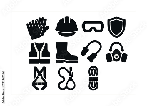 Vector Essential safety equipment: gloves, helmet, goggles, vest, boots, harness, rope, protection icons